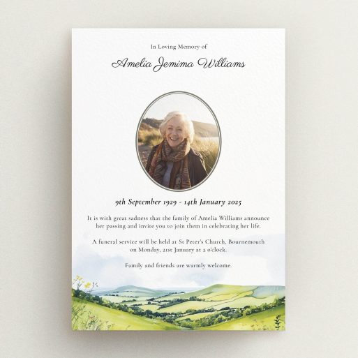 Funeral announcement design with one photo and landscape illustration featuring personalised text layout.