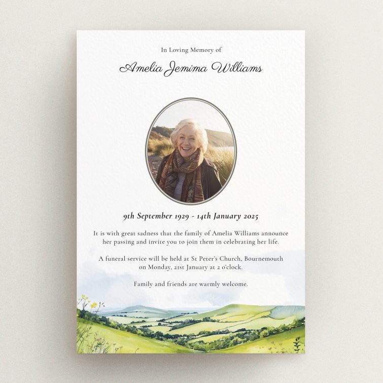 Funeral announcement design with one photo and landscape illustration featuring personalised text layout.