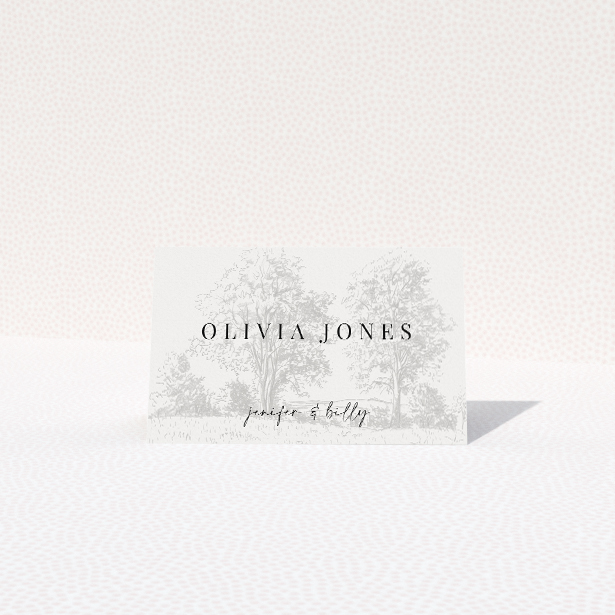 Pastoral Promise place cards with serene monochrome rural scene. This is a view of the front