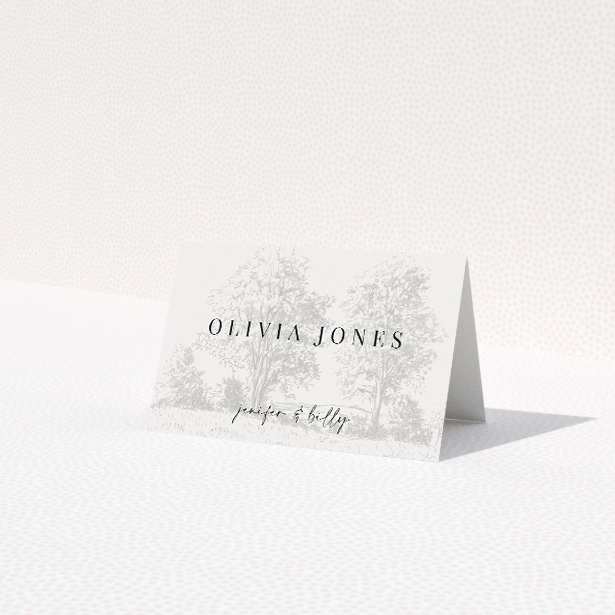 Pastoral Promise place cards with serene monochrome rural scene. This is a third view of the front