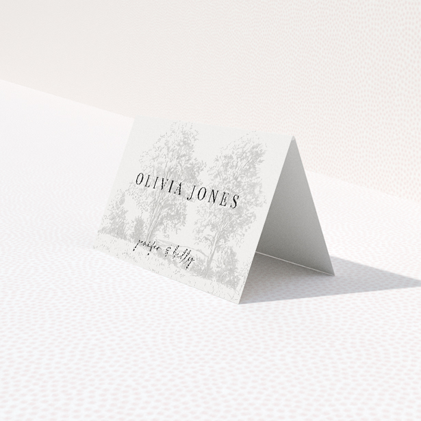 Pastoral Promise place cards with serene monochrome rural scene. This is a third view of the front