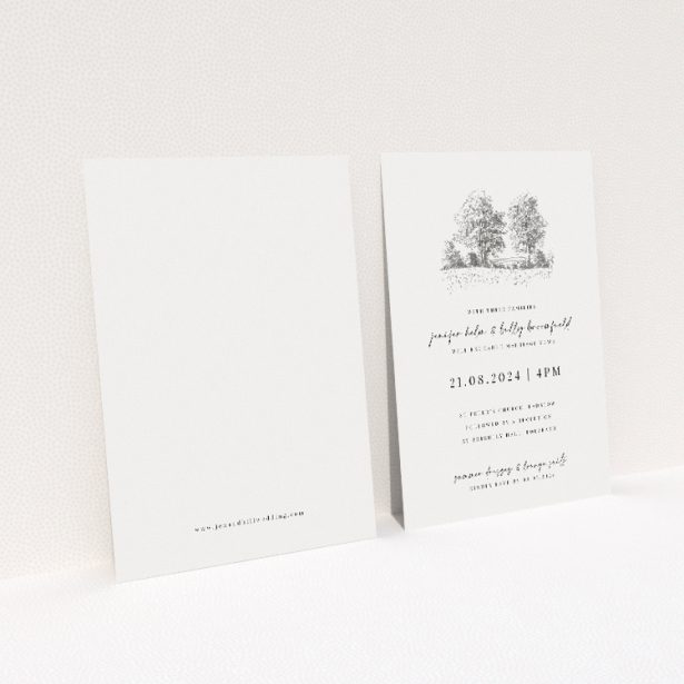 A5 wedding invitation featuring a serene pastoral scene with finely sketched trees, ideal for couples seeking a tranquil and timeless celebration amidst the beauty of the countryside This image shows the front and back sides together
