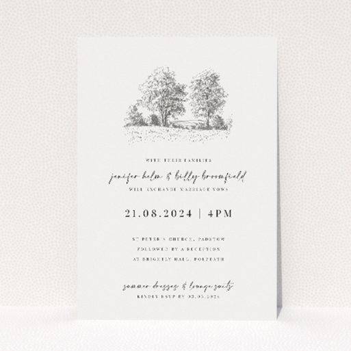 A5 wedding invitation featuring a serene pastoral scene with finely sketched trees, ideal for couples seeking a tranquil and timeless celebration amidst the beauty of the countryside This is a view of the front