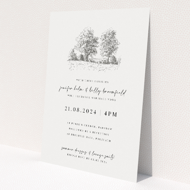 A5 wedding invitation featuring a serene pastoral scene with finely sketched trees, ideal for couples seeking a tranquil and timeless celebration amidst the beauty of the countryside This is a view of the front