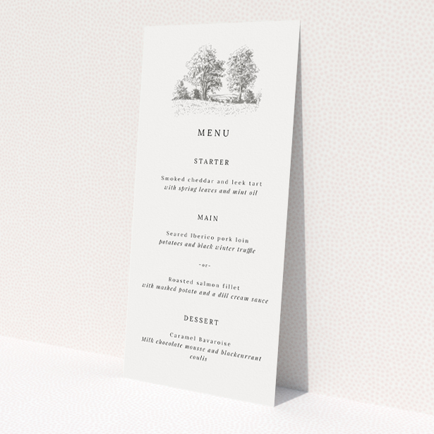 Pastoral Promise wedding menu template - Tranquil countryside design with soft monochrome tones, ideal for serene celebration This is a view of the front