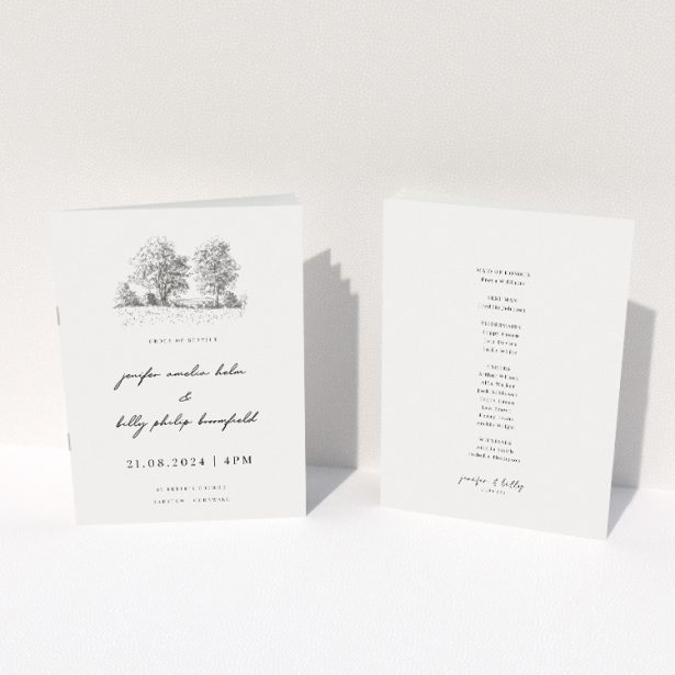 Serene Pastoral Promise Wedding Order of Service Booklet with Countryside Sketch Illustration. This image shows the front and back sides together