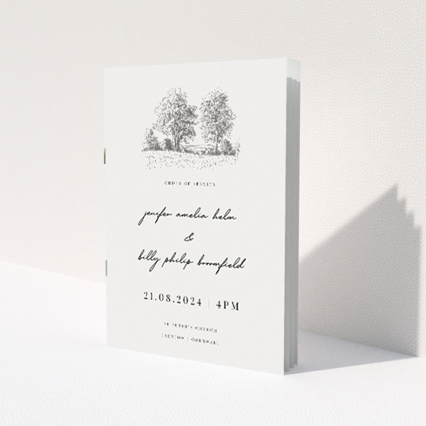 Serene Pastoral Promise Wedding Order of Service Booklet with Countryside Sketch Illustration. This image shows the front and back sides together