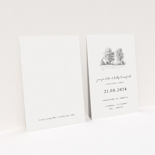 Pastoral Promise wedding save the date card A6 featuring a delicate pencil sketch of a bucolic landscape, capturing the serene beauty of the countryside for a timeless announcement of your special day This is a view of the back