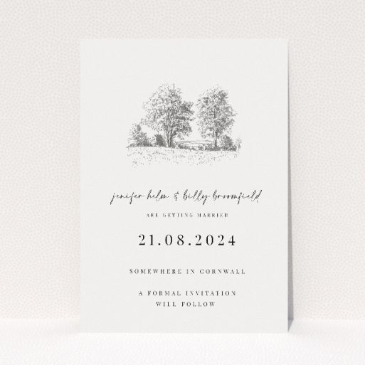 Pastoral Promise wedding save the date card A6 featuring a delicate pencil sketch of a bucolic landscape, capturing the serene beauty of the countryside for a timeless announcement of your special day This is a view of the front