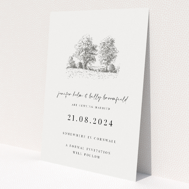 Pastoral Promise wedding save the date card A6 featuring a delicate pencil sketch of a bucolic landscape, capturing the serene beauty of the countryside for a timeless announcement of your special day This is a view of the front
