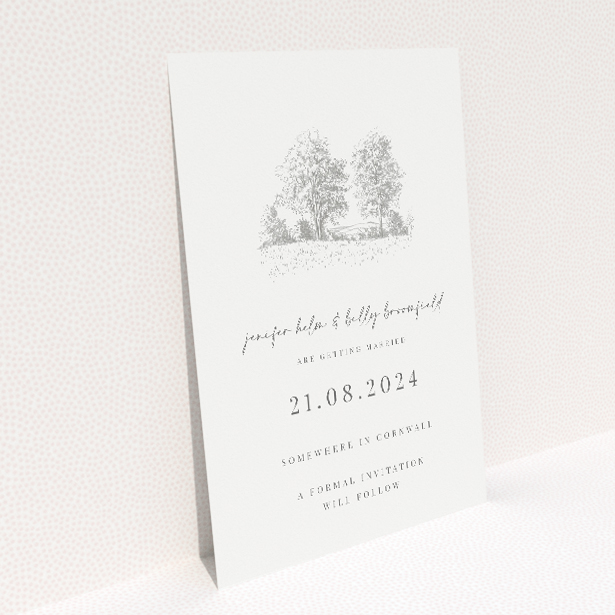 Pastoral Promise wedding save the date card A6 featuring a delicate pencil sketch of a bucolic landscape, capturing the serene beauty of the countryside for a timeless announcement of your special day This is a view of the back