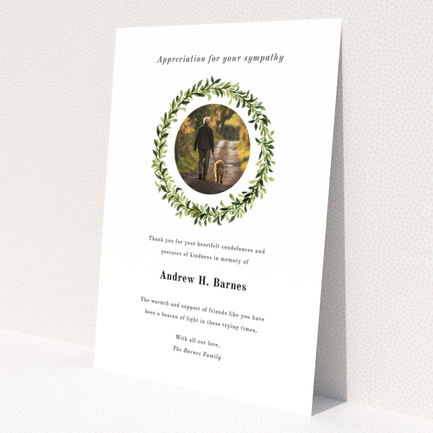 Funeral thank you card design with one photo and green leaf wreath border