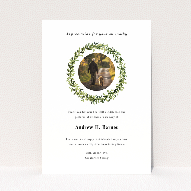 Funeral thank you card design with one photo and green leaf wreath border