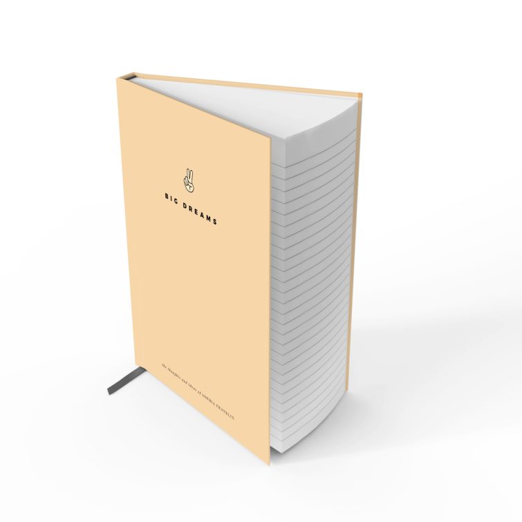 Minimalist beige notebook cover design with one illustration, featuring the text "Big Dreams" and Utterly Printable branding.