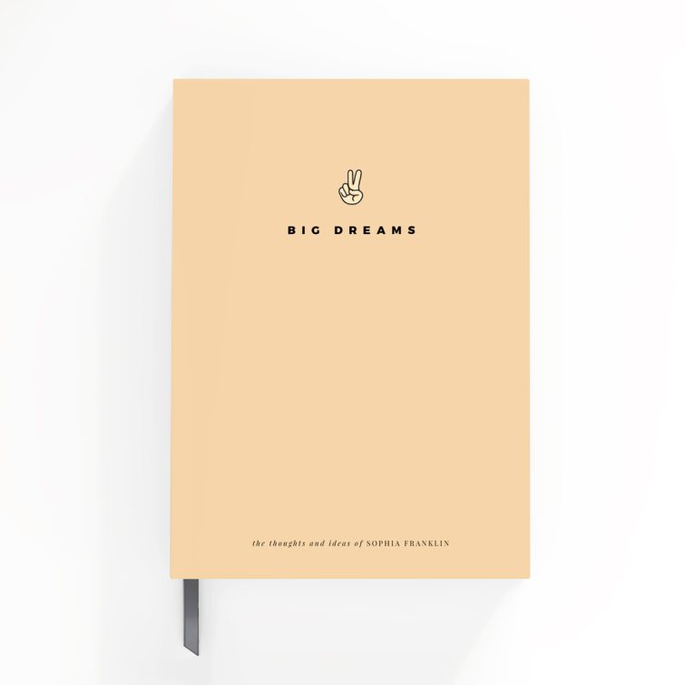 Minimalist beige notebook cover design with one illustration, featuring the text "Big Dreams" and Utterly Printable branding.