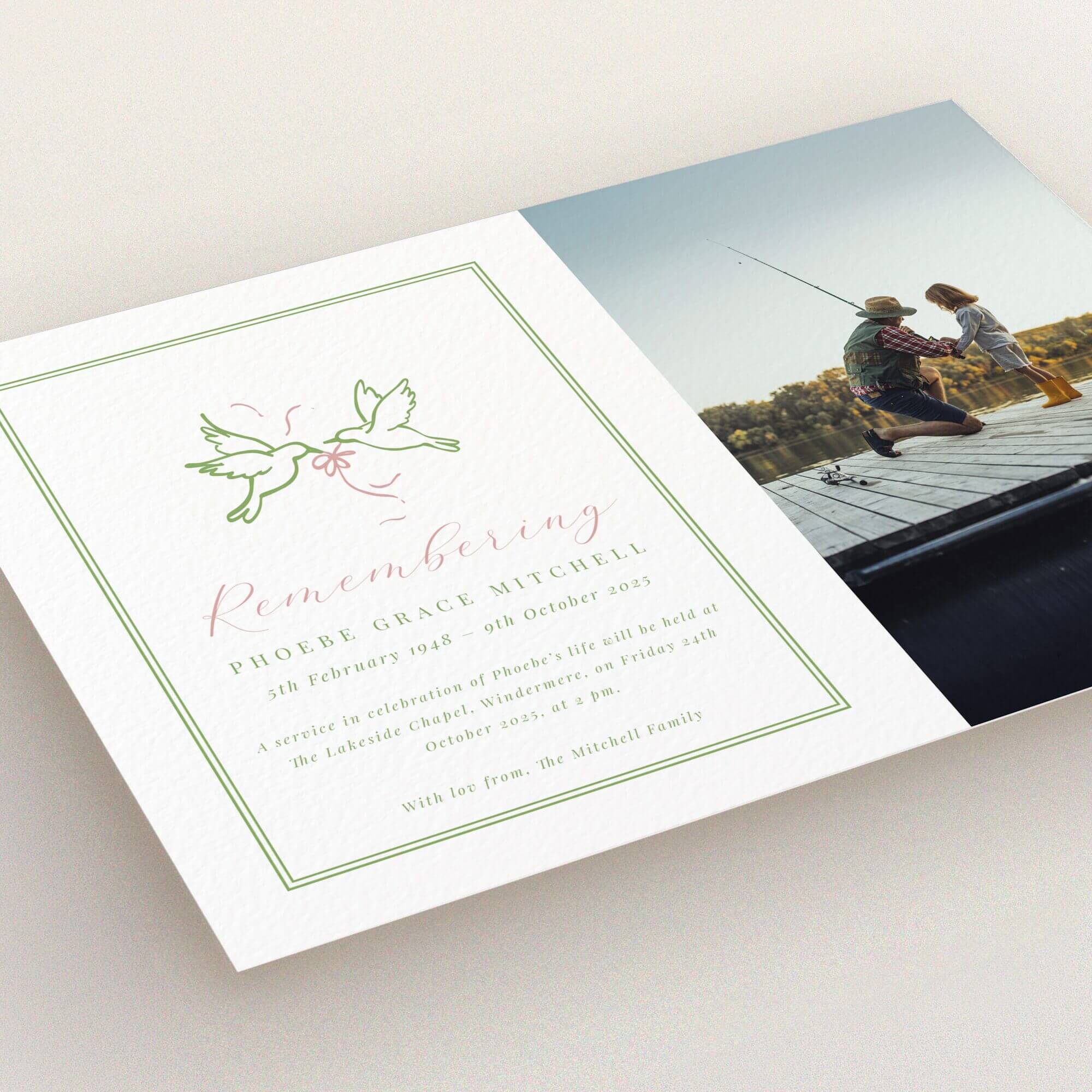 Funeral announcement card design with one photo of a man and child by a lake.