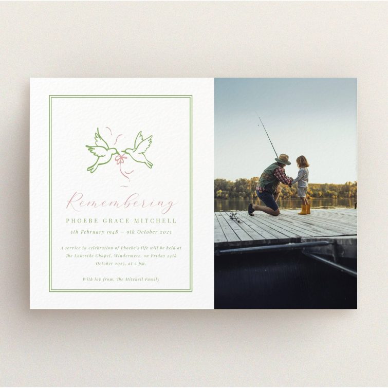 Funeral announcement card design with one photo of a man and child by a lake.