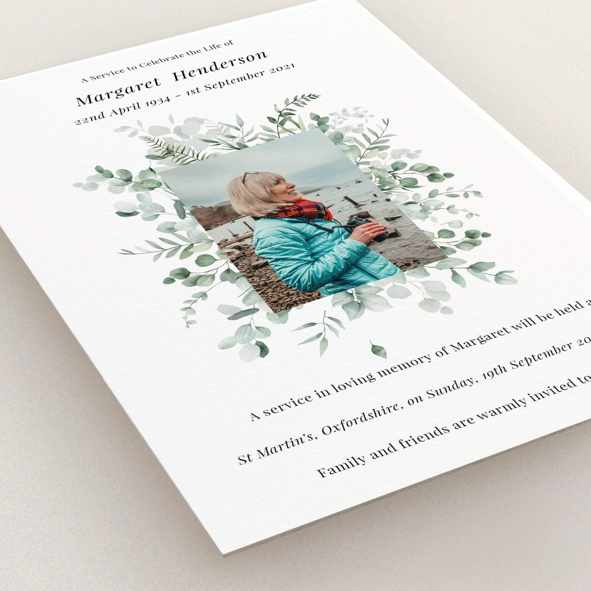 Funeral announcement card design with floral theme and one photo placeholder