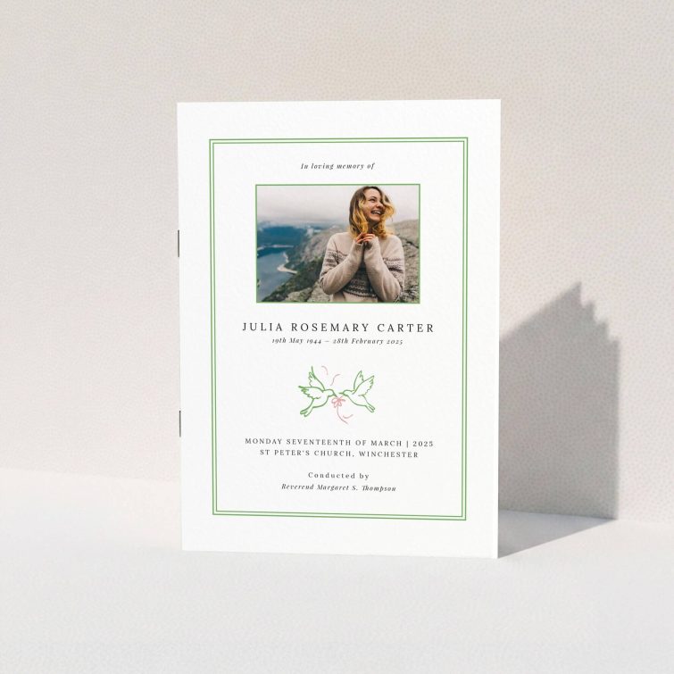 Elegant funeral order of service program design with green accents and one photo placeholder