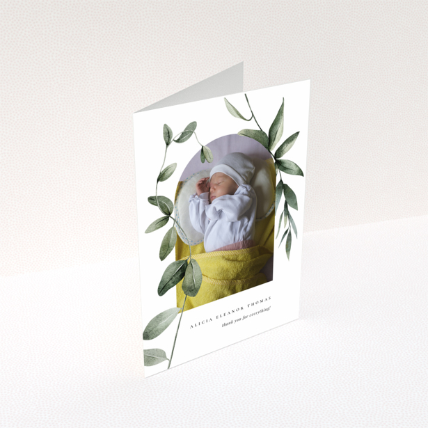 Baby thank you card with one photo, featuring floral illustrations surrounding a sleeping baby.