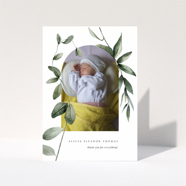 Baby thank you card with one photo, featuring floral illustrations surrounding a sleeping baby.