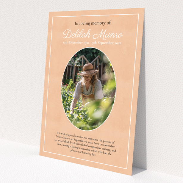 Funeral announcement card design with one photo.