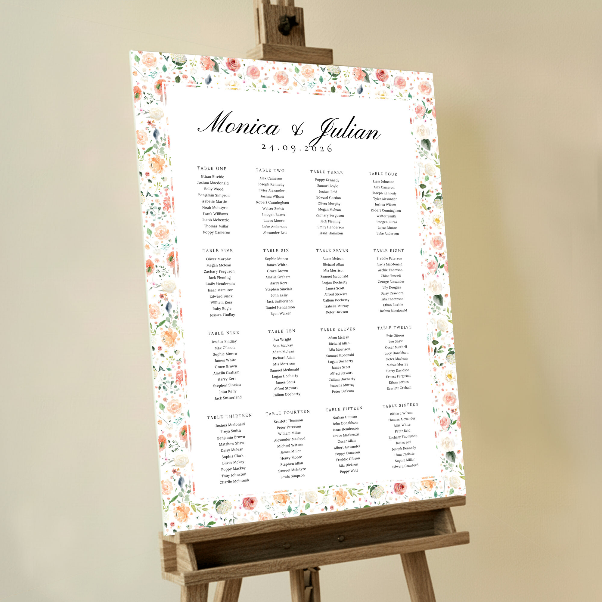 Seating Plans Board with Peachy Blooms design featuring light and airy design adorned with painted flowers in lovely shades of peach, red, white, and green, bringing a refreshing and vibrant atmosphere to your wedding celebration.. This design is formatted for 16 tables.