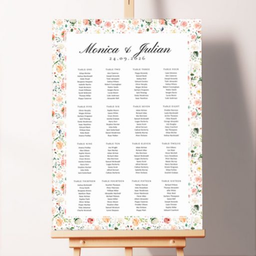 Seating Plans Board with Peachy Blooms design featuring light and airy design adorned with painted flowers in lovely shades of peach, red, white, and green, bringing a refreshing and vibrant atmosphere to your wedding celebration.. This design is formatted for 16 tables.