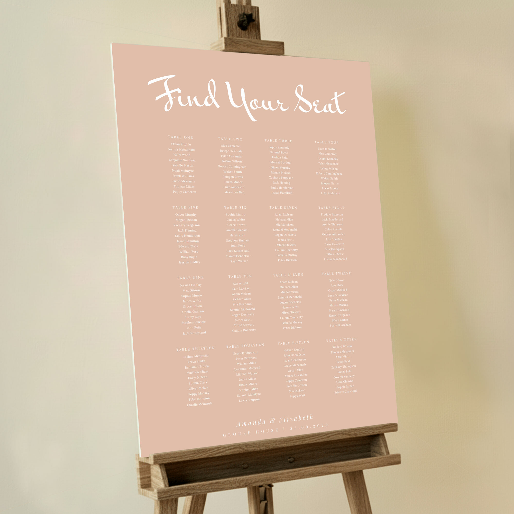 'Peachy Keen' Seating Plan featuring chic white text on a stylish peach background, creating an elegant and modern look for your wedding celebration.. This template is formatted for 16 tables.