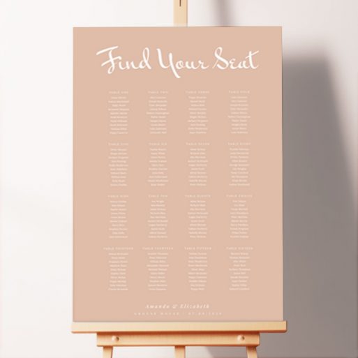 "Peachy Keen" Seating Plan featuring chic white text on a stylish peach background, creating an elegant and modern look for your wedding celebration.. This template is formatted for 16 tables.