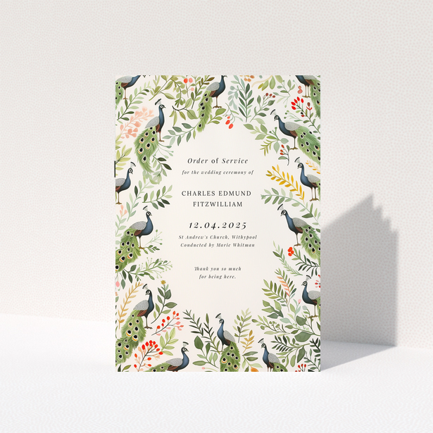 Christening order of service program design with floral and peacock illustrations