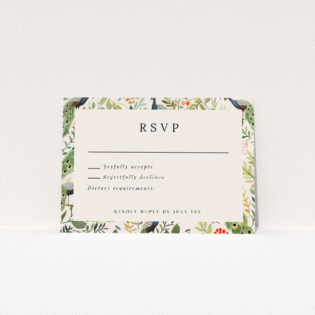 Peacock Garden RSVP Card - Wedding Stationery. This is a view of the front