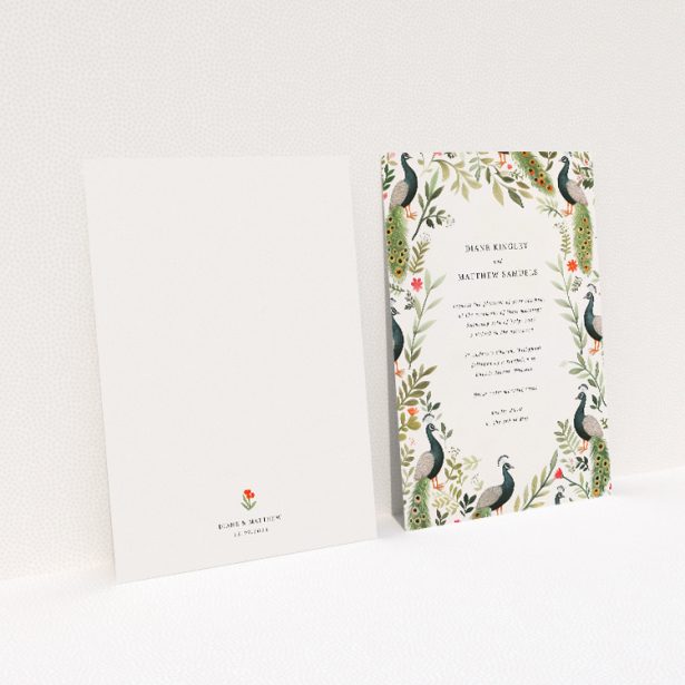 Peacock Garden Wedding Invitation - A5-sized invitation featuring a luxurious garden scene with detailed peacocks, lush foliage, and vibrant colours, exuding elegance with a whimsical touch This image shows the front and back sides together