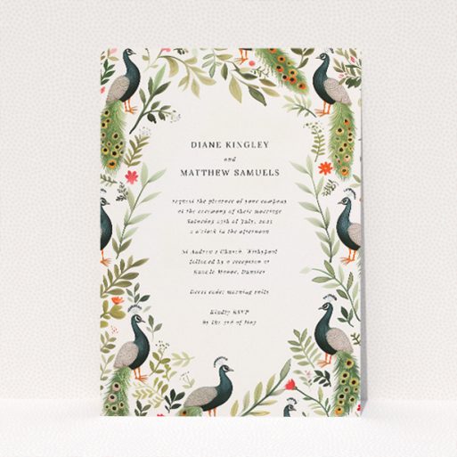 Peacock Garden Wedding Invitation - A5-sized invitation featuring a luxurious garden scene with detailed peacocks, lush foliage, and vibrant colours, exuding elegance with a whimsical touch This is a view of the front