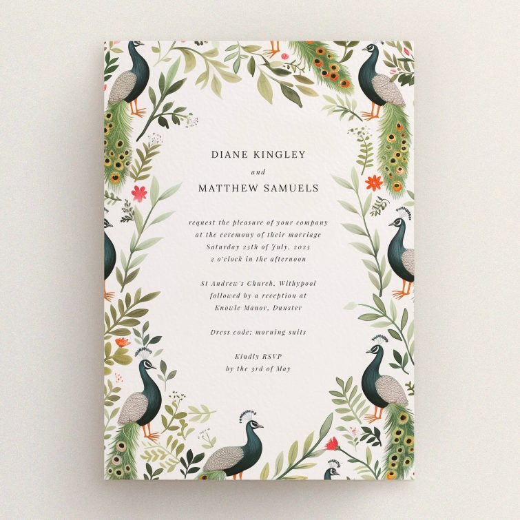 Peacock Garden Wedding Invitation - A5-sized invitation featuring a luxurious garden scene with detailed peacocks, lush foliage, and vibrant colours, exuding elegance with a whimsical touch This is a view of the front