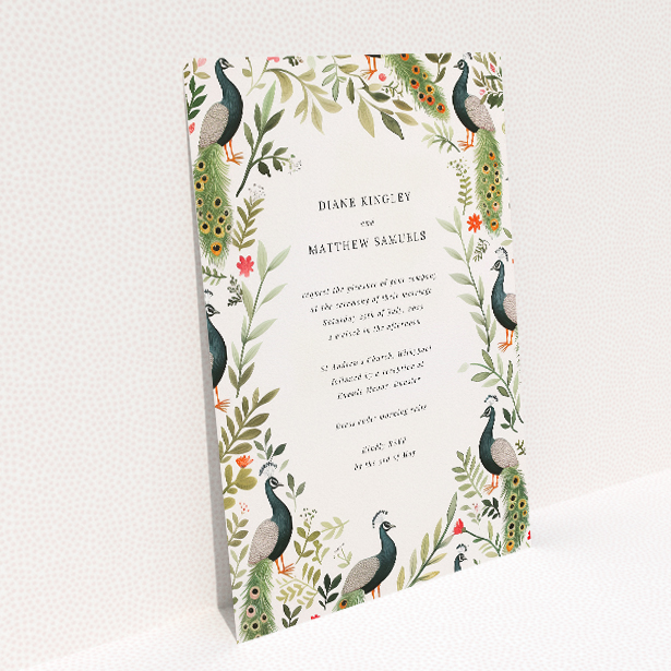 Peacock Garden Wedding Invitation - A5-sized invitation featuring a luxurious garden scene with detailed peacocks, lush foliage, and vibrant colours, exuding elegance with a whimsical touch This image shows the front and back sides together