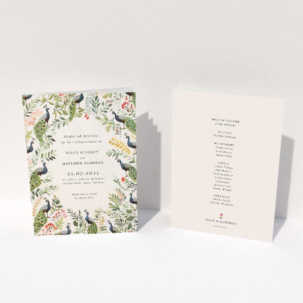 Peacock Garden Wedding Order of Service A5 Booklet Template with Ornate Illustrations. This image shows the front and back sides together