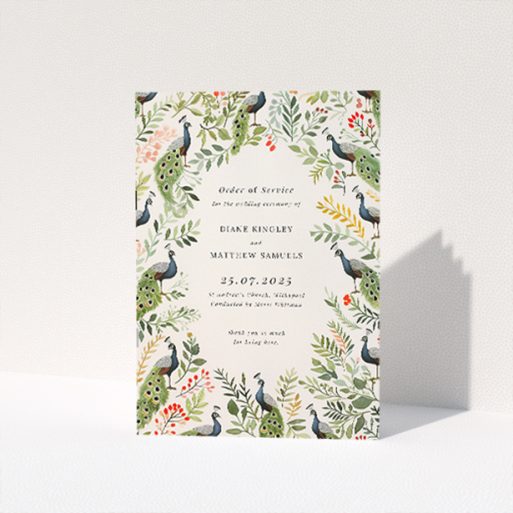 Peacock Garden Wedding Order of Service A5 Booklet Template with Ornate Illustrations. This is a view of the front