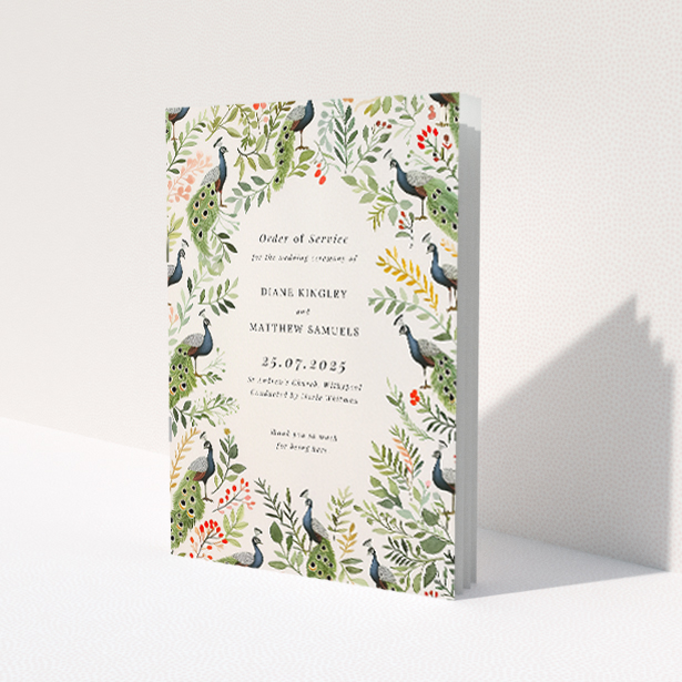 Peacock Garden Wedding Order of Service A5 Booklet Template with Ornate Illustrations. This image shows the front and back sides together
