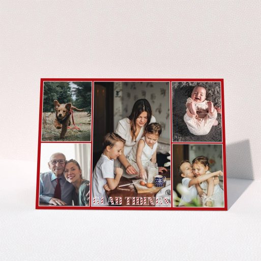 A personalised christmas card design called "Big Red Roundup". It is an A5 card in a landscape orientation. It is a photographic personalised christmas card with room for 5 photos. "Big Red Roundup" is available as a folded card, with tones of red and white.