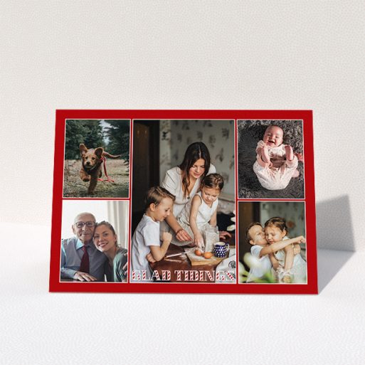 A personalised christmas card design called "Big Red Roundup". It is an A5 card in a landscape orientation. It is a photographic personalised christmas card with room for 5 photos. "Big Red Roundup" is available as a folded card, with tones of red and white.