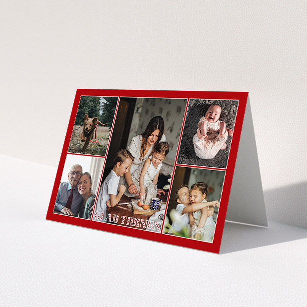 A personalised christmas card design called 'Big Red Roundup'. It is an A5 card in a landscape orientation. It is a photographic personalised christmas card with room for 5 photos. 'Big Red Roundup' is available as a folded card, with tones of red and white.
