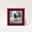 A personalised christmas card named "Bold Border". It is a square (148mm x 148mm) card in a square orientation. It is a photographic personalised christmas card with room for 1 photo. "Bold Border" is available as a folded card, with tones of red and blue.