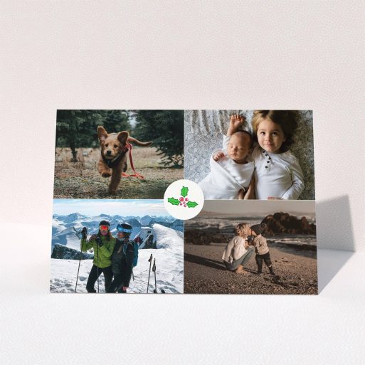 A personalised christmas card design titled "Centrepiece". It is an A5 card in a landscape orientation. It is a photographic personalised christmas card with room for 4 photos. "Centrepiece" is available as a folded card, with tones of white and green.