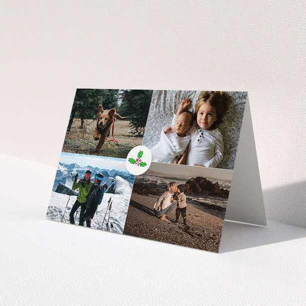 A personalised christmas card design titled 'Centrepiece'. It is an A5 card in a landscape orientation. It is a photographic personalised christmas card with room for 4 photos. 'Centrepiece' is available as a folded card, with tones of white and green.