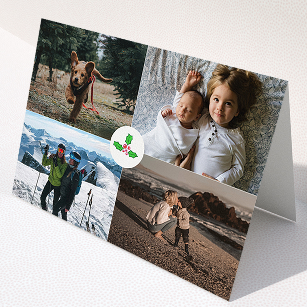 A personalised christmas card design titled "Centrepiece". It is an A5 card in a landscape orientation. It is a photographic personalised christmas card with room for 4 photos. "Centrepiece" is available as a folded card, with tones of white and green.