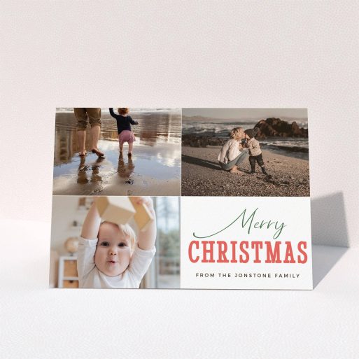 A personalised christmas card template titled "Christmas Quarters". It is an A6 card in a landscape orientation. It is a photographic personalised christmas card with room for 3 photos. "Christmas Quarters" is available as a folded card, with tones of white and green.