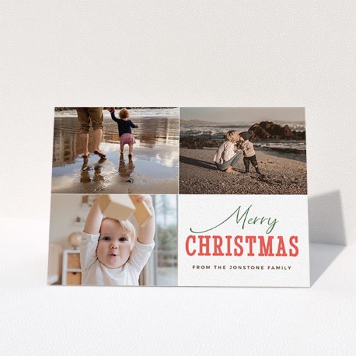 A personalised christmas card template titled "Christmas Quarters". It is an A6 card in a landscape orientation. It is a photographic personalised christmas card with room for 3 photos. "Christmas Quarters" is available as a folded card, with tones of white and green.