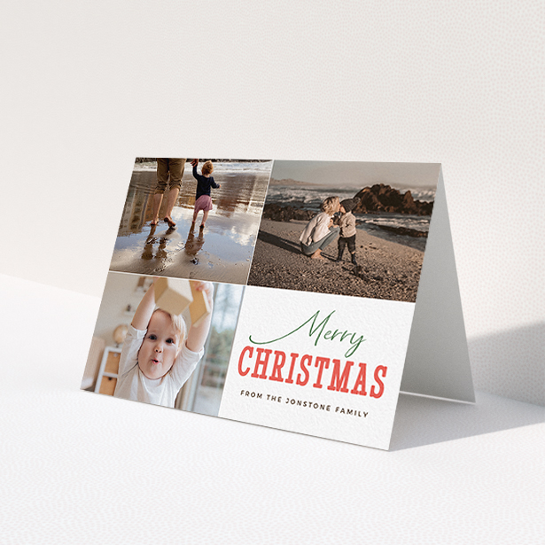 A personalised christmas card template titled 'Christmas Quarters'. It is an A6 card in a landscape orientation. It is a photographic personalised christmas card with room for 3 photos. 'Christmas Quarters' is available as a folded card, with tones of white and green.