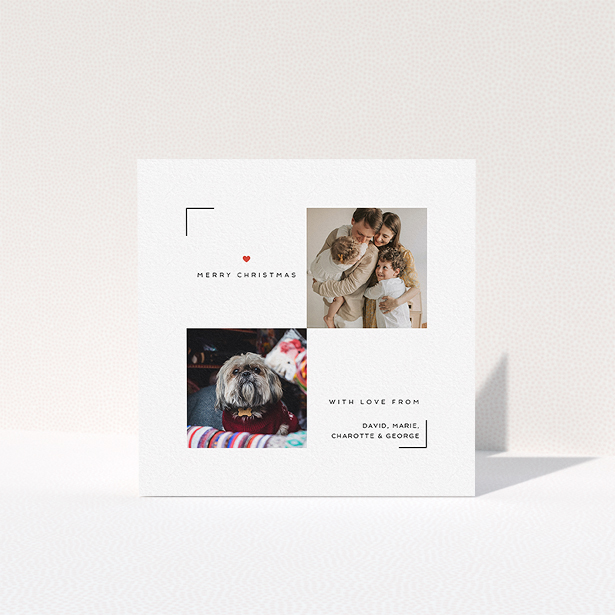 A personalised christmas card design named "Christmas Special". It is a square (148mm x 148mm) card in a square orientation. It is a photographic personalised christmas card with room for 2 photos. "Christmas Special" is available as a folded card, with tones of white and red.